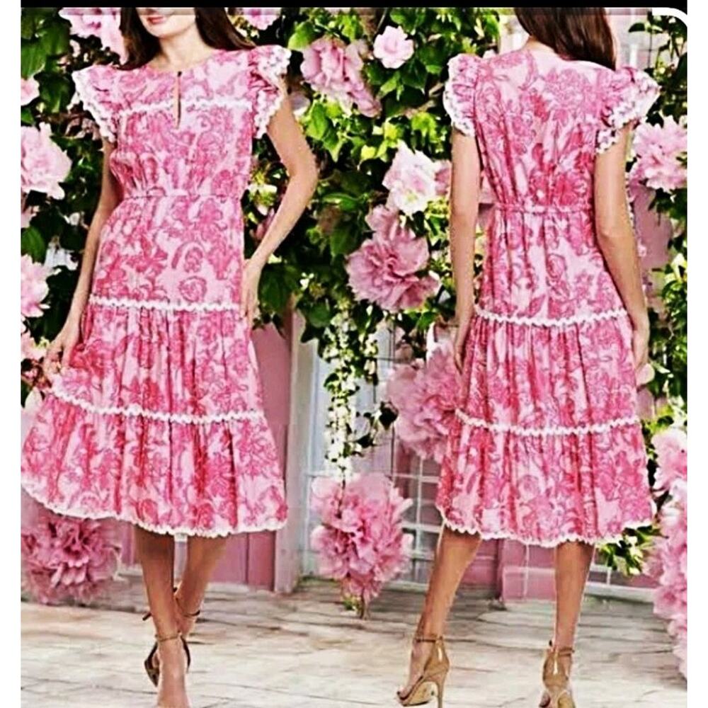 NWT Womens Sail to Sable STS XXL Dress Flutter Rose Midi Wave Trim Romantic